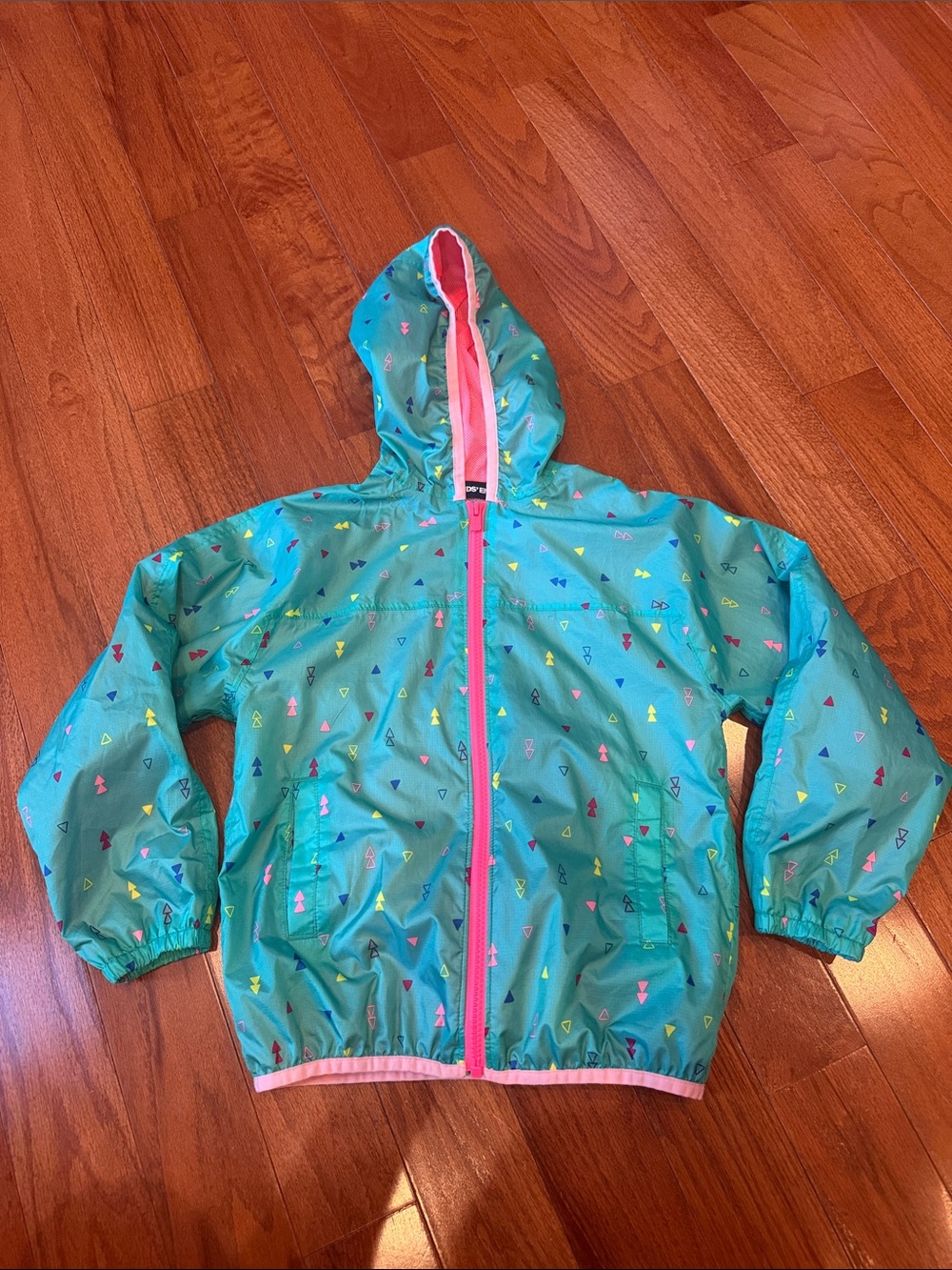 Lands' End Teal Hooded Rain Jacket with Pink Trim
